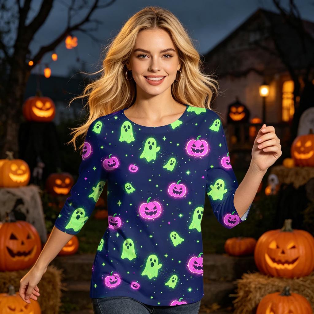 Women’s Casual Three Quarter Sleeve Halloween Skull Print Top Crew Neck Relaxed Fit Soft Lightweight Blouse Shirt