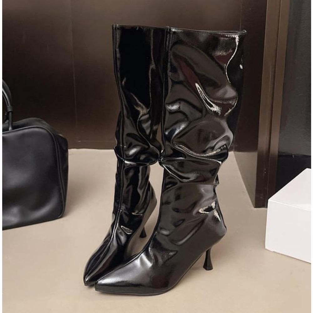 New Over-the-knee Boots Women Fashion Pointed Toe Black Side Zipper Thin High Heels Female Shiny Pleated High Heel Botas