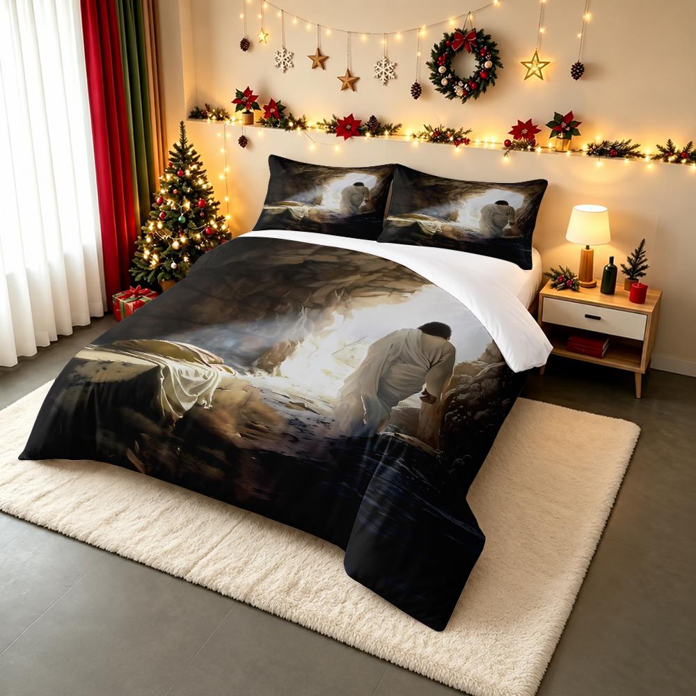 Jesus Leaving Empty Tomb Bedding set (1 duvet cover, 2 pillowcases, duvet not included), Linen Cloth Religious Christian Faith Art Print
