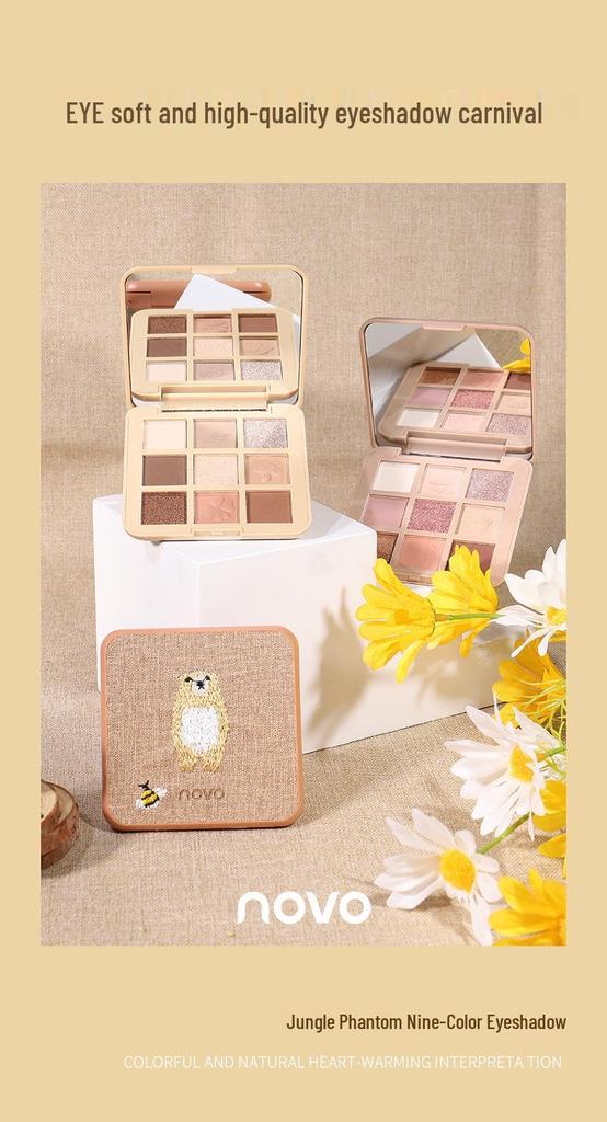 NOVO Nine-Color Earth Tones Eyeshadow Palette: Shimmer, Matte, Fine Glitter, Blendable, Student-Friendly.