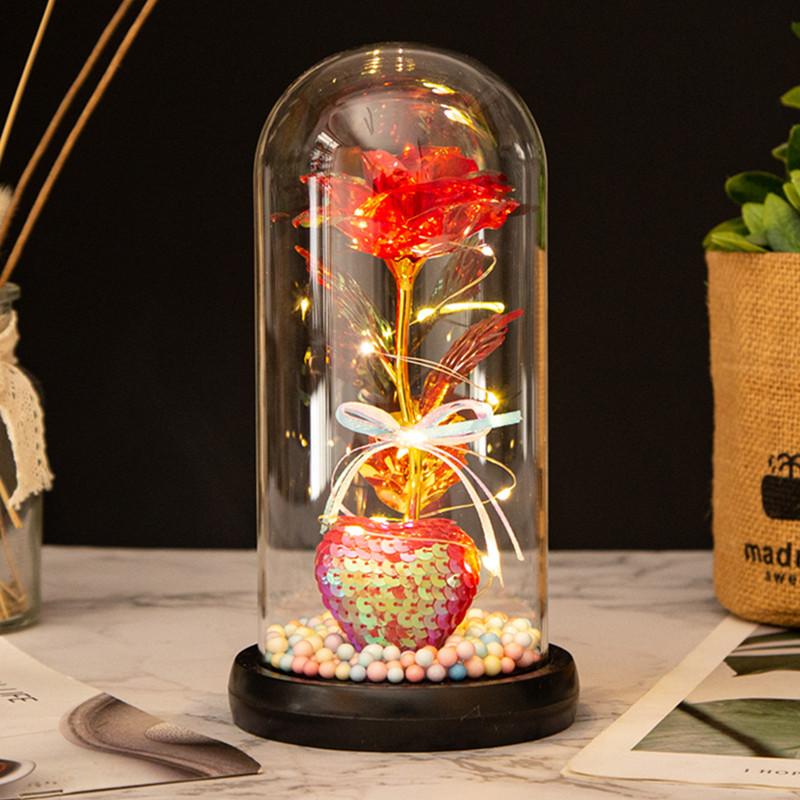 Love glass cover gold leaf flower ornament, Christmas and Valentine's Day creative gift, luminous simulated rose bouquet