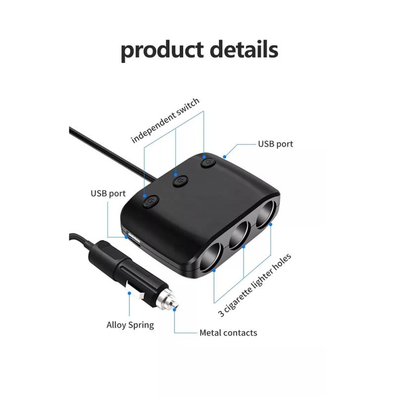 12-24v 120w High-Power Car Charger Dual Usb 3 Hole Independent Switch 1-to-3 Cigarette Lighter