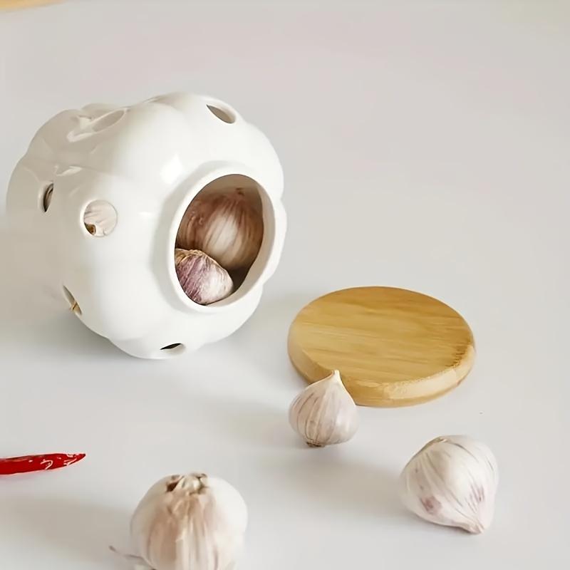 1pc Ceramic Garlic Keeper With Bamboo Lid, Hollow Design Jar, Ventilated Kitchen Storage And Decor, Ceramic Garlic Container
