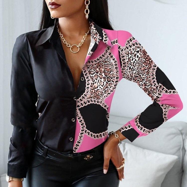 Casual Button Up Leopard Print Long Sleeve Office Shirt Tops Turn Down Collar Women Blouse Fashion 18972