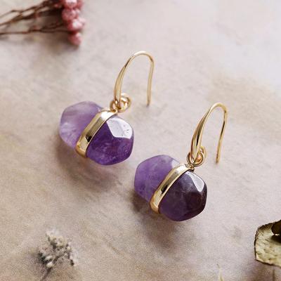 Natural Amethyst Hexagonal Earrings with Ear Hooks, Popular Accessories In Europe, America, Japan, and South Korea