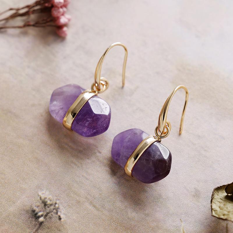 Natural amethyst hexagonal earrings, ear hooks, earrings, Japanese and Korean designers, real gold-plated popular jewelry.