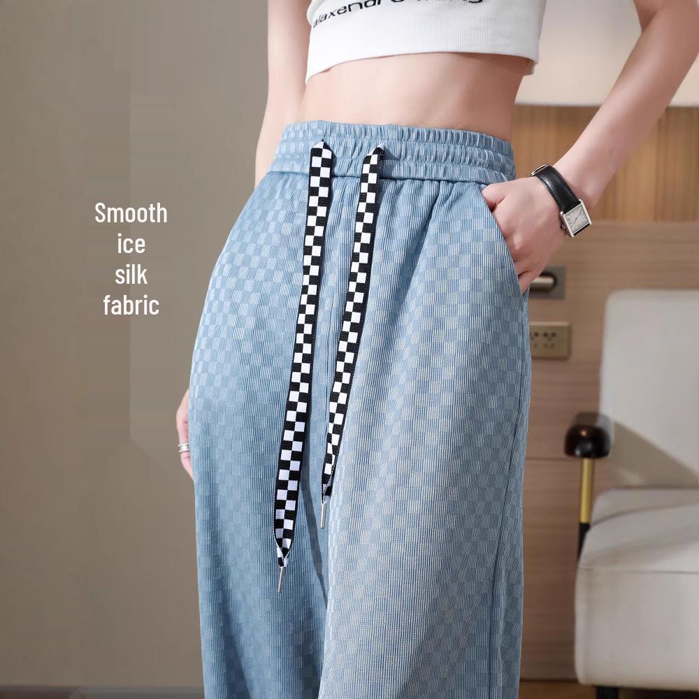 Petite Checkered Ice Silk Wide Leg Pants - Summer Elastic Waist, Slimming, Loose Casual Fit for Women