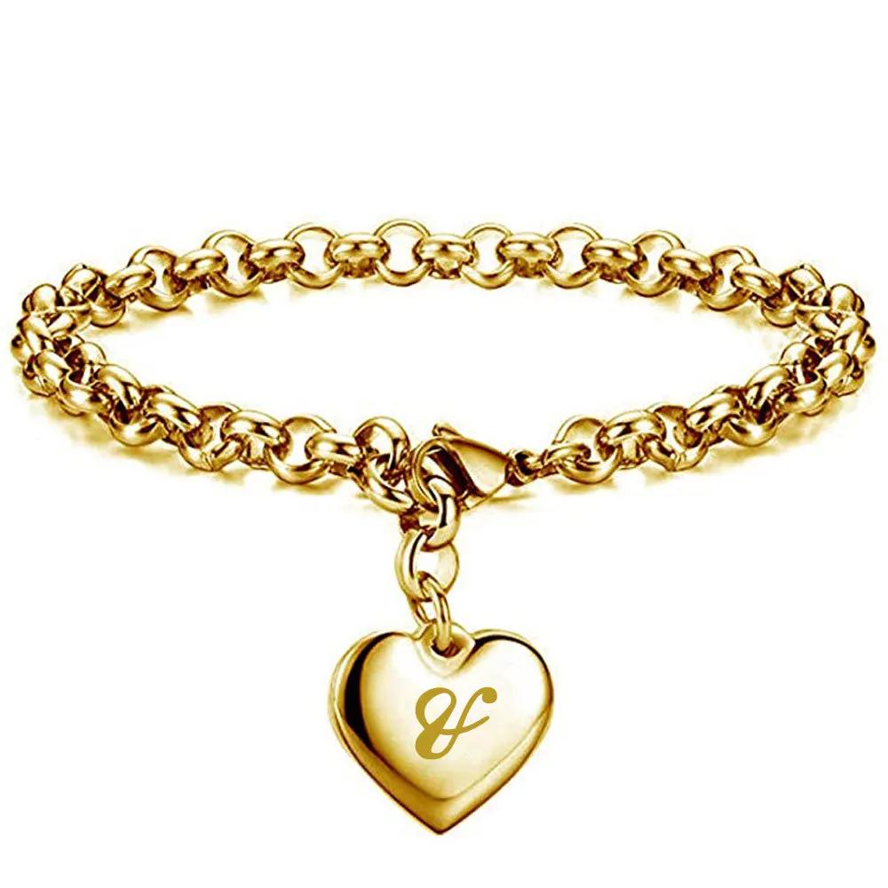 1 StückNeuer Goldfarbener Initialbuchstabe Herzanhänger Armbänder Für Frauen Edelstahl Gliederkettenarmband Mit 26 Buchstaben Graviert