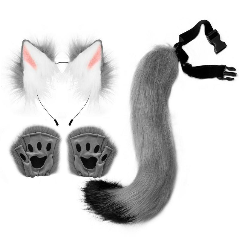Fluffy Animal Ears Headband With Tail Gloves Set Halloween Party Cosplay Costume Accessory