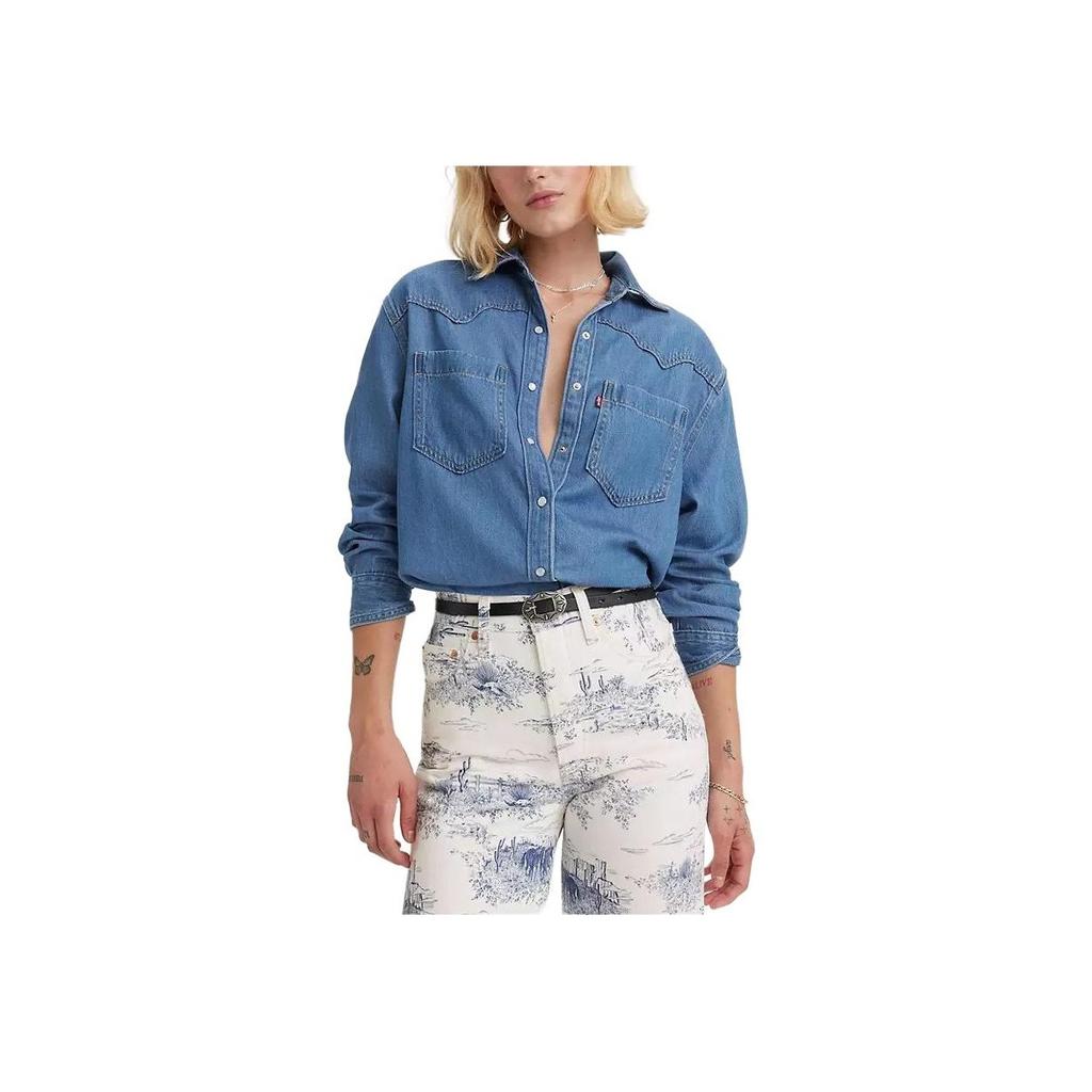 Levis Solid Color Loose Fit Square Neck Denim Long Sleeve Shirt Women shirts Blue A7244-0006