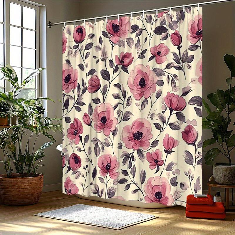Polyester Shower Curtain - Pink Peony Floral on Soft Cream, Vintage Romantic Aesthetic, Washable & Line Dry, Bathroom Decor