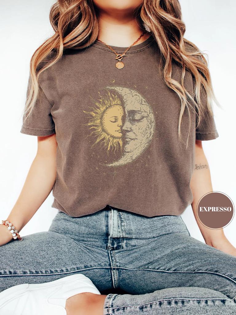 Mystical Sun and Moon Face Comfort Unisex TShirt Chic Vintage Bohemian Attire Apparel Short Sleeve Trendy Y2K Casual Streetwear