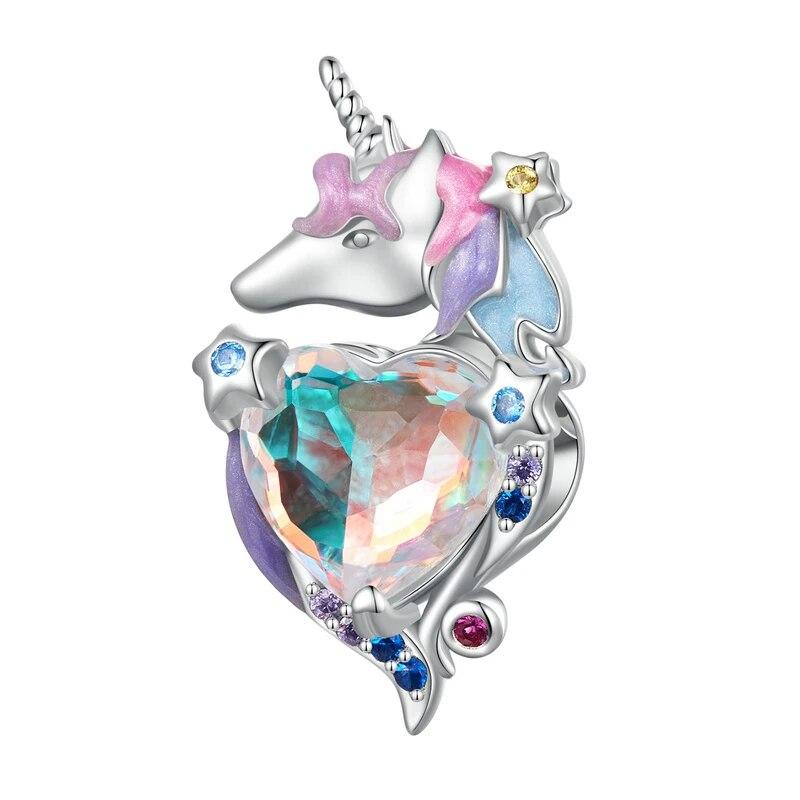 WOSTU Colgantes de unicornio transparente de Plata de Ley 925 con diseño de luna y estrella, aptos para Pulsera Original, regalo de joyería DIY