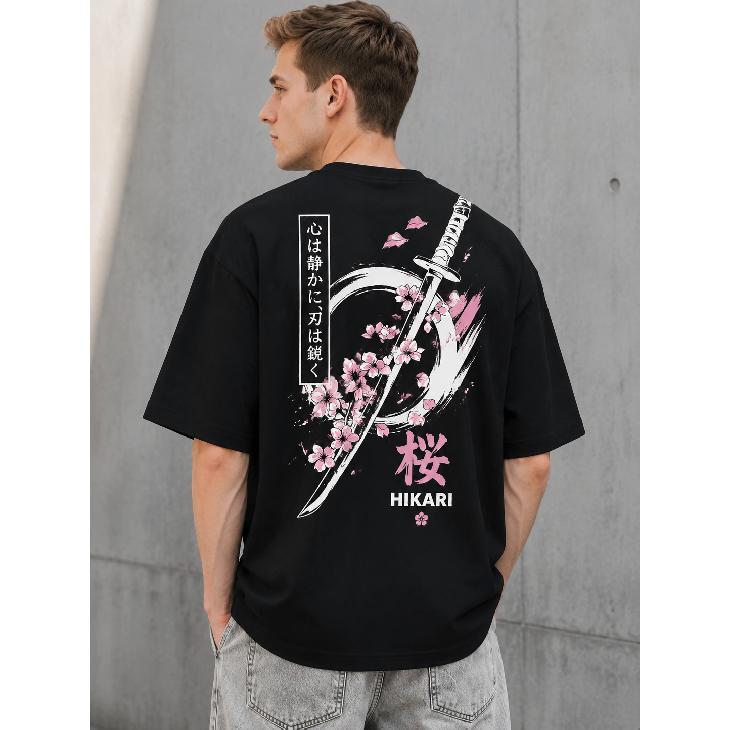 T-shirt Grafica da Uomo Giapponese Katana Fiore di Ciliegio Manica Corta Girocollo Cotone Morbido Vestibilità Oversize Streetwear Casual Quotidiano