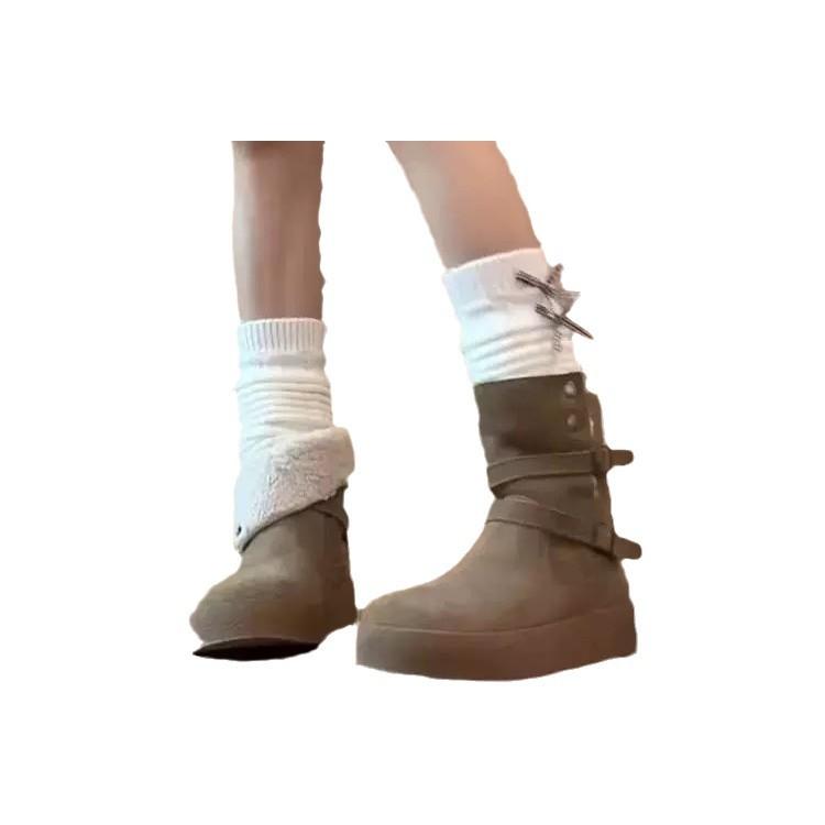 Thick-soled Outer Wear Velvet Snow Boots for Women's Autumn and Winter New Belt Buckle Non-slip Two Wear Heightening Western Boots Short Boots for 