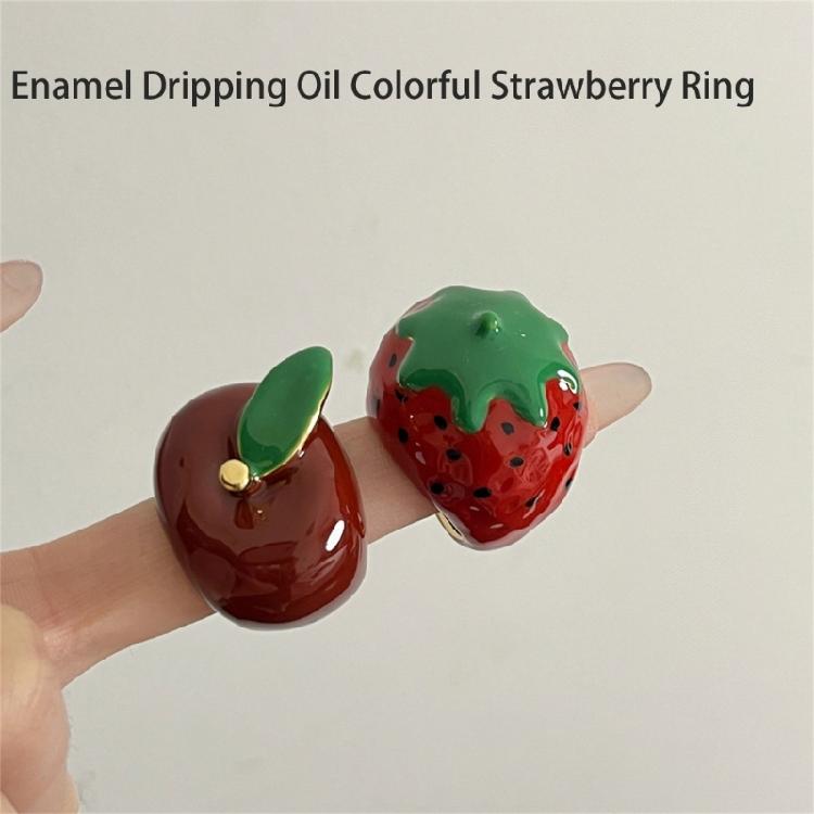 Elegant Enamel Dripping Oil Strawberry/Apples Ring Fashion Handmade Finger Accessory Party Wear Ring Festival Jewelry