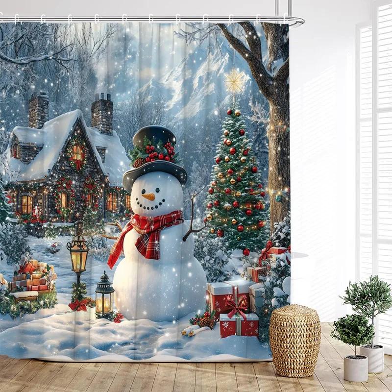 GAEFunny Red Santa Claus Shower Curtain Gold Xmas Balls Gifts White Snowflakes Winter Christmas Bath Curtains Home Bathroom De