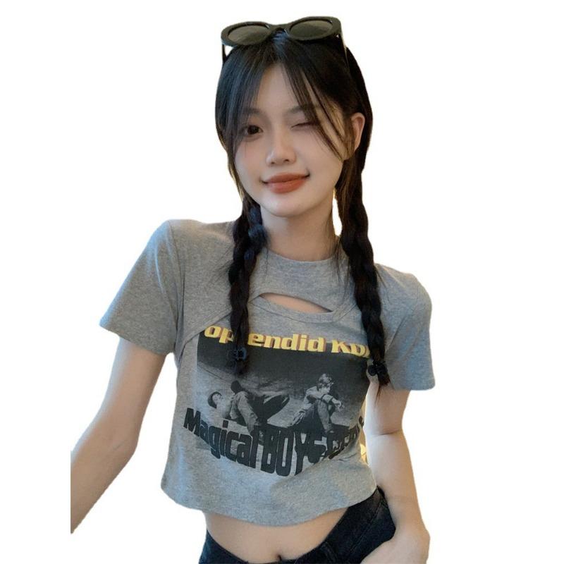 Short Hot Girl T-shirt for Women In Summer American Slim Short Sleeves Sweet and Spicy Slim Design Student Top