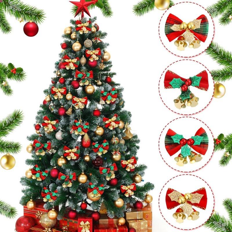 5Pcs Christmas Decor Bow Red Gold Mini Xmas Tree Hanging Bowknot for Navidad New Year Party Home Decoration DIY Wedding Decor