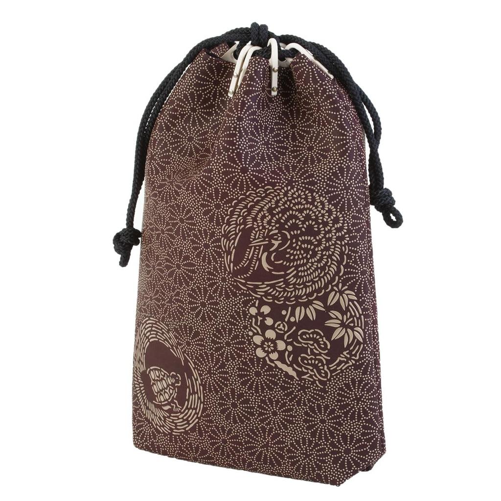 Inden Drawstring Bag with Silk Deerskin Purple with White Crane and Turtle Custom Order [Inden-ya] Gusset, Cord, Leather, Lacquer, Pattern,