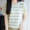 women striped knit t-shirt round neck short sleeve hollow out casual lightweight sweater