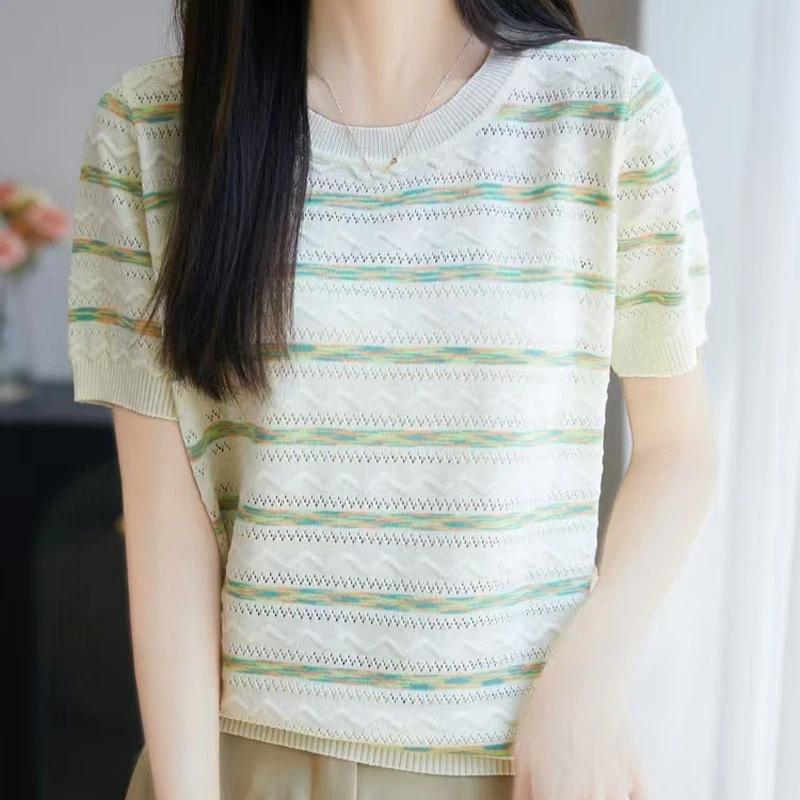 women striped knit t-shirt round neck short sleeve hollow out casual lightweight sweater