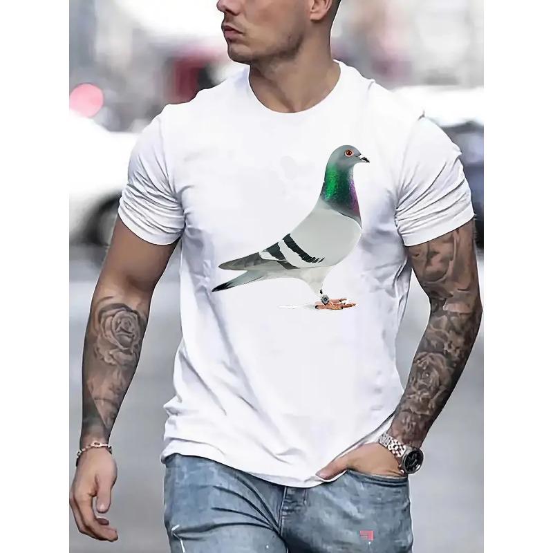 European Sizes Creative Pigeon Men's Fashion Trendy Print Pattern, Men's Round Neck Short Sleeve T-shirt, Holiday Camping Casual T-shirt