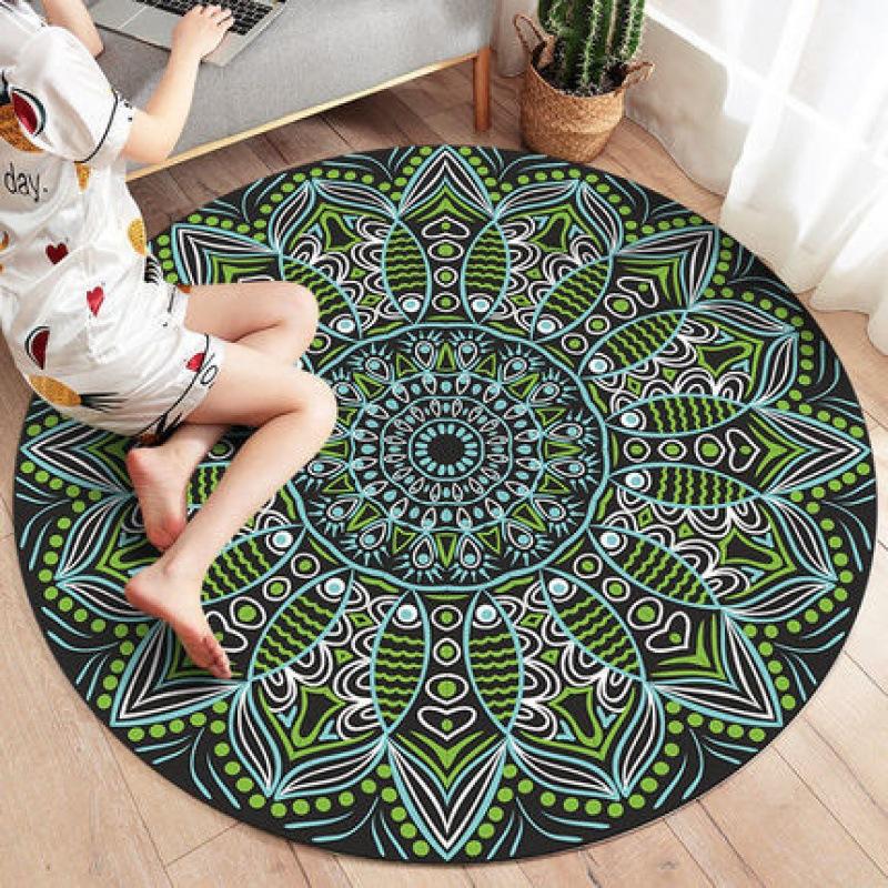 Flower Print Round Carpet Ethnic Coffee Table Anti-slip Rug Retro Home Decor Mat for Living Room Bedroom Study Terrace Area