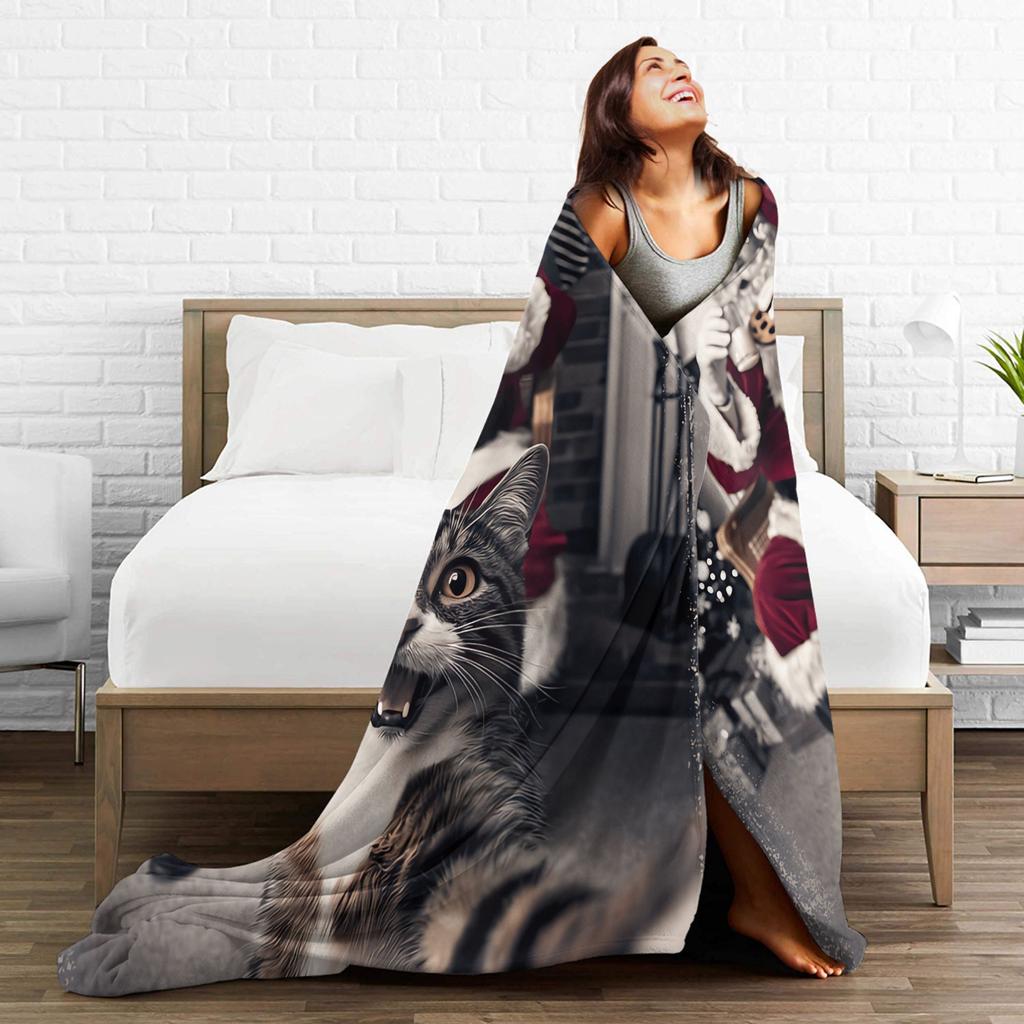 Cat Selfie with Santa Flannel Blanket Winter Soft Durable Bedding Throws for Child Living Room Pattern Bedspread Sofa Bed Cover