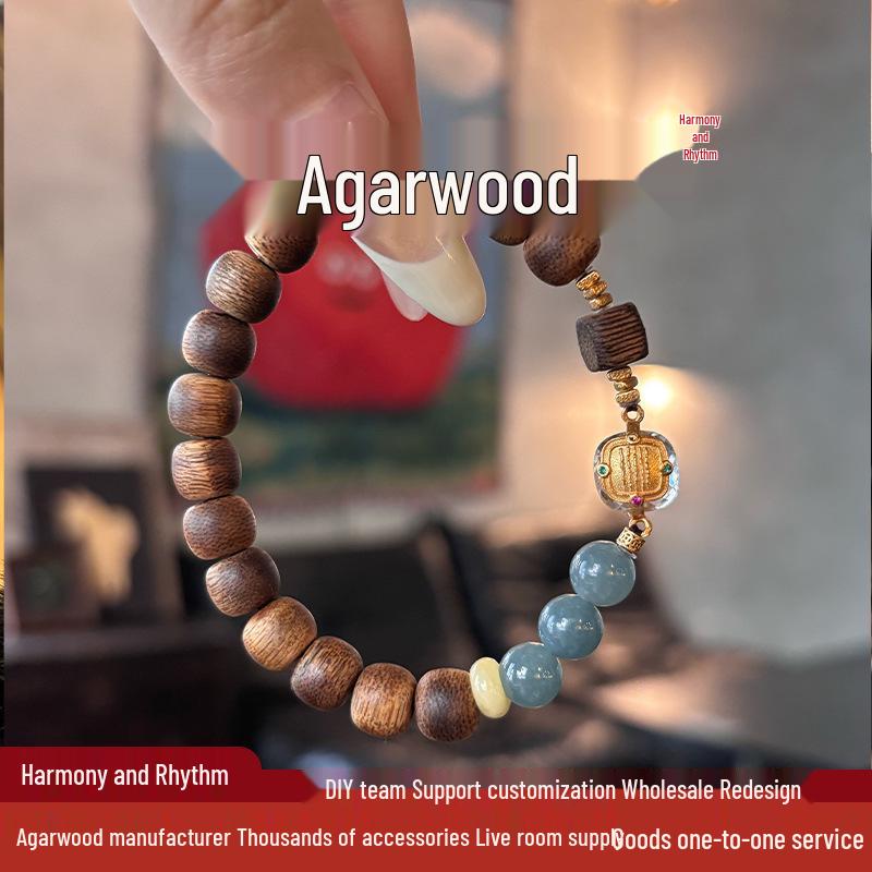 Natural Hainan Green Qinan Agarwood Bracelet, 8x9mm Single Strand