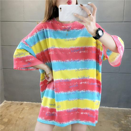 Trendy Korean-Style Loose Striped Short-Sleeve T-Shirt for Women