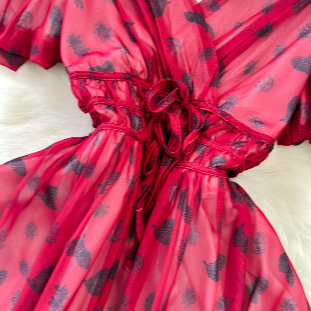 Fashion Dress for Women V Neck A-line Flounced Edge Printing Chiffon Vestidos Lace-up Folds Lining Dresses Summer