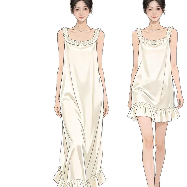 [Liuguang Quiet] French-style acetate-style camisole nightdress, wood ear flush lace skirt, with breast pad, suitable for outdoor loungewear