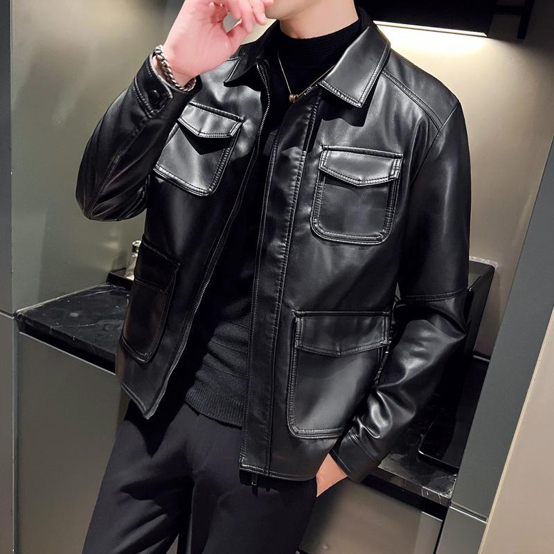 Leather Jacket Men's Autumn Coat Men's, New Lapel Leather Jacket Locomotive Suit Slim Leather Jacket Casual Men