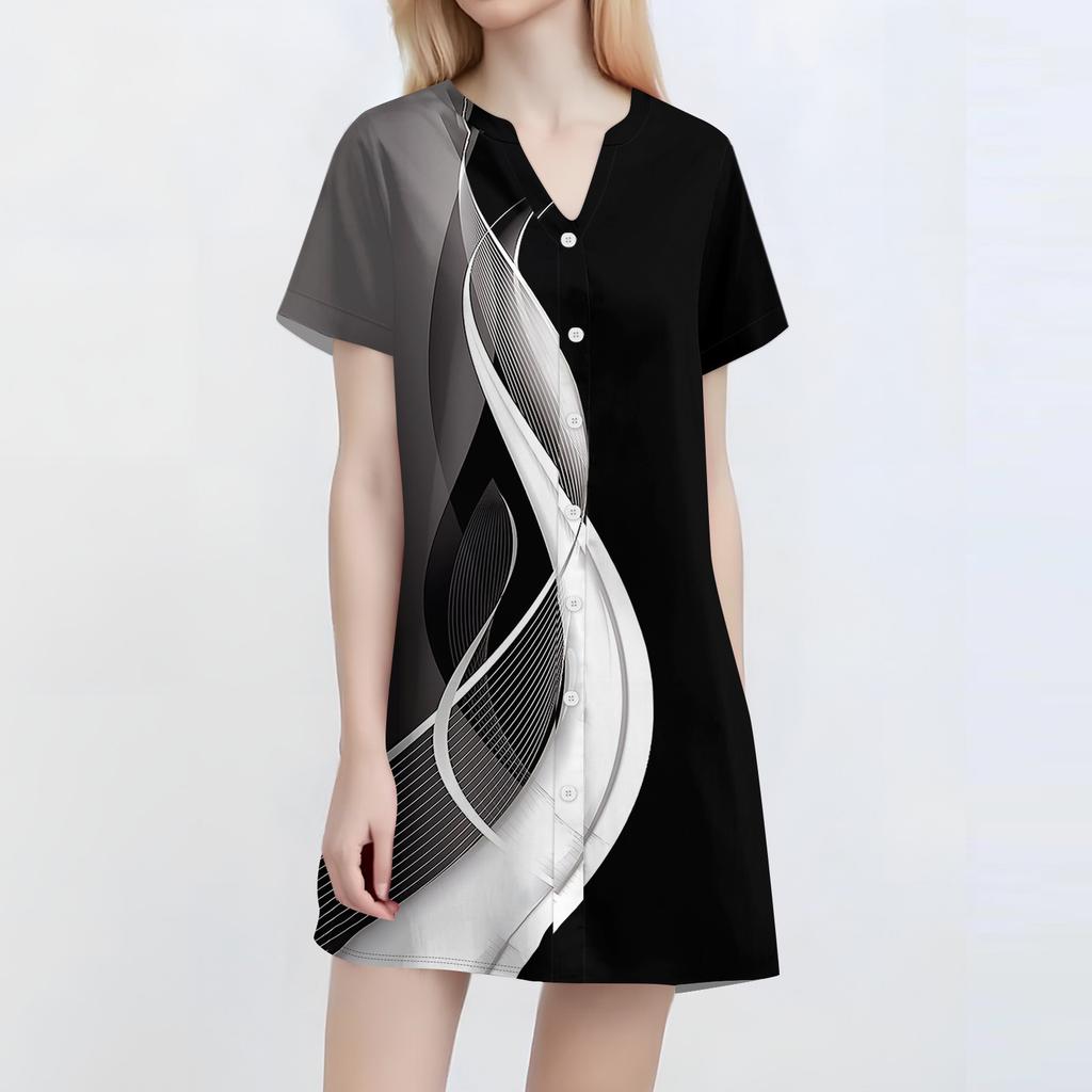 Women's Fashion Casual V-neck Short Sleeve Button Retro Color Block Splicing Print Dress