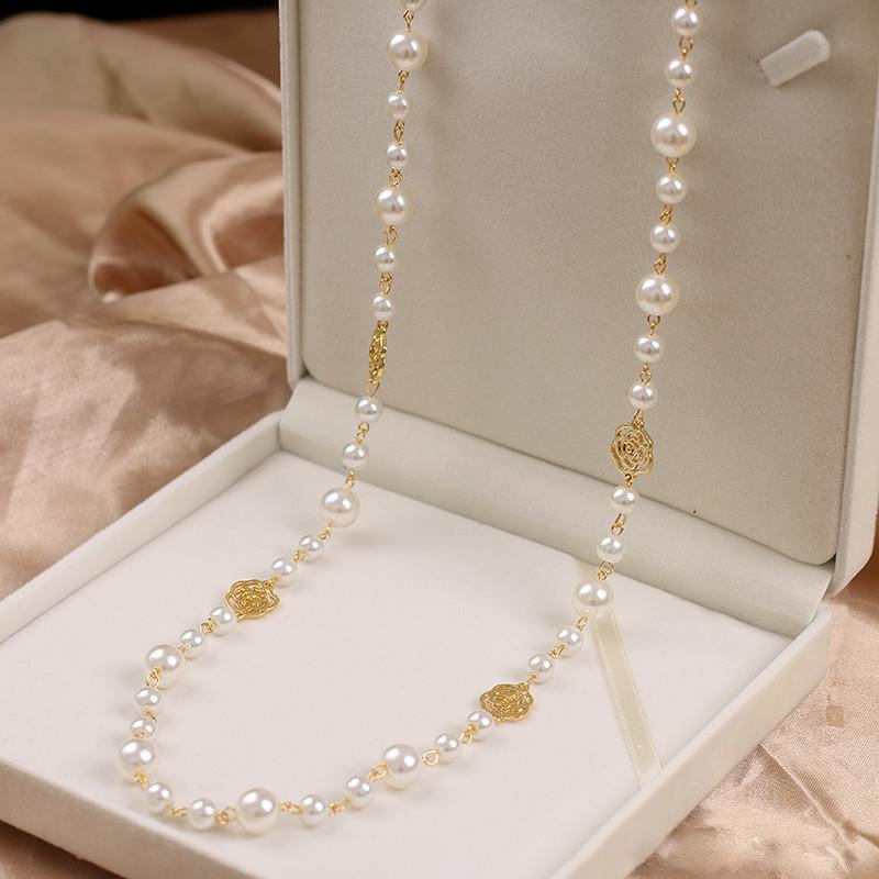 Double Layer Long Necklace for Women Camellia Pearl & Rose Flower Maxi Sweater Chain Plastic Beads Jewelry