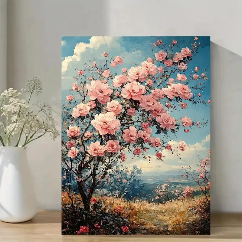 Handmade Vintage Oil Painting Style No Framed Canvas Wall Art - Large Blooming Pink Roses & Rose Tree Landscape, Shabby Chic 21X30CMNo Framed