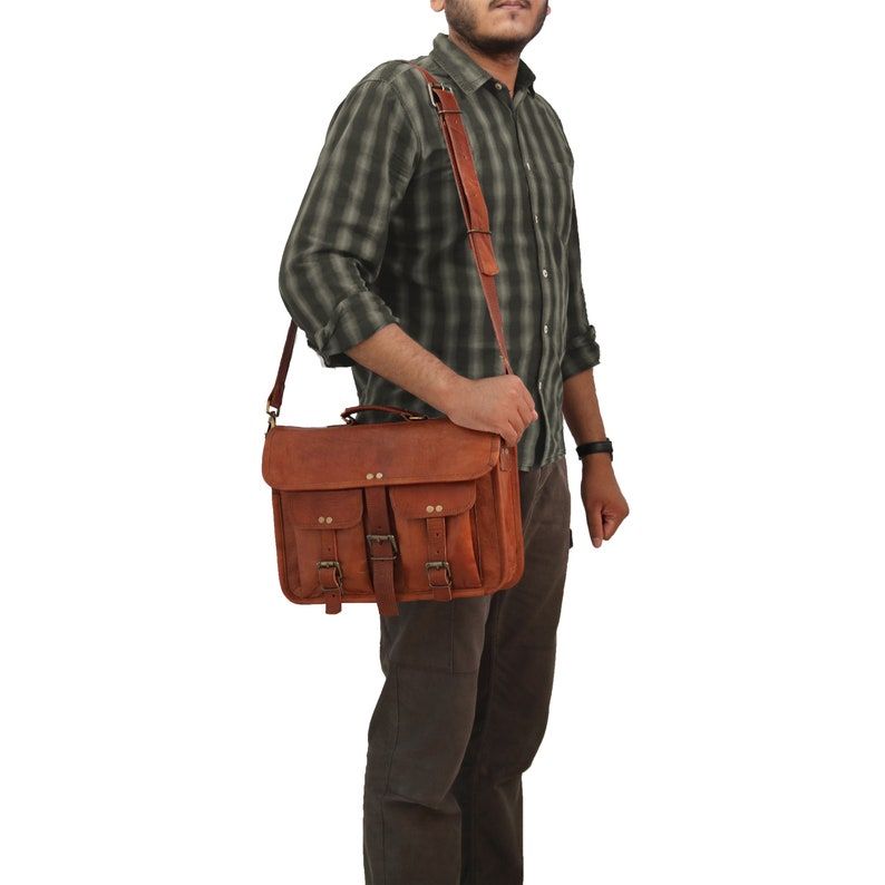 14" Leather Messenger Bag Laptop Case Office Briefcase Gift for Men Computer Distressed Shoulder Bag