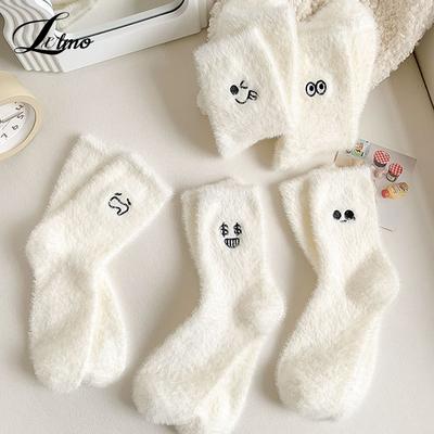 Niedliche Emoticon Winter Samtsocken Ins Weiß Superweiche Nerz Fleece Socken Damen Warme Dicke Socke Thermisch Schnee Zuhause Schlafen Boden Socken