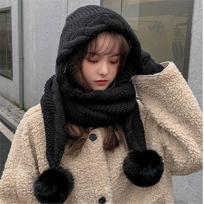 Wollmütze Damen Herbst und Winter Vielseitiger Schal Integrierte Mütze Süßer Haarballen Ohrenschutz Verdickte warme Strickmütze