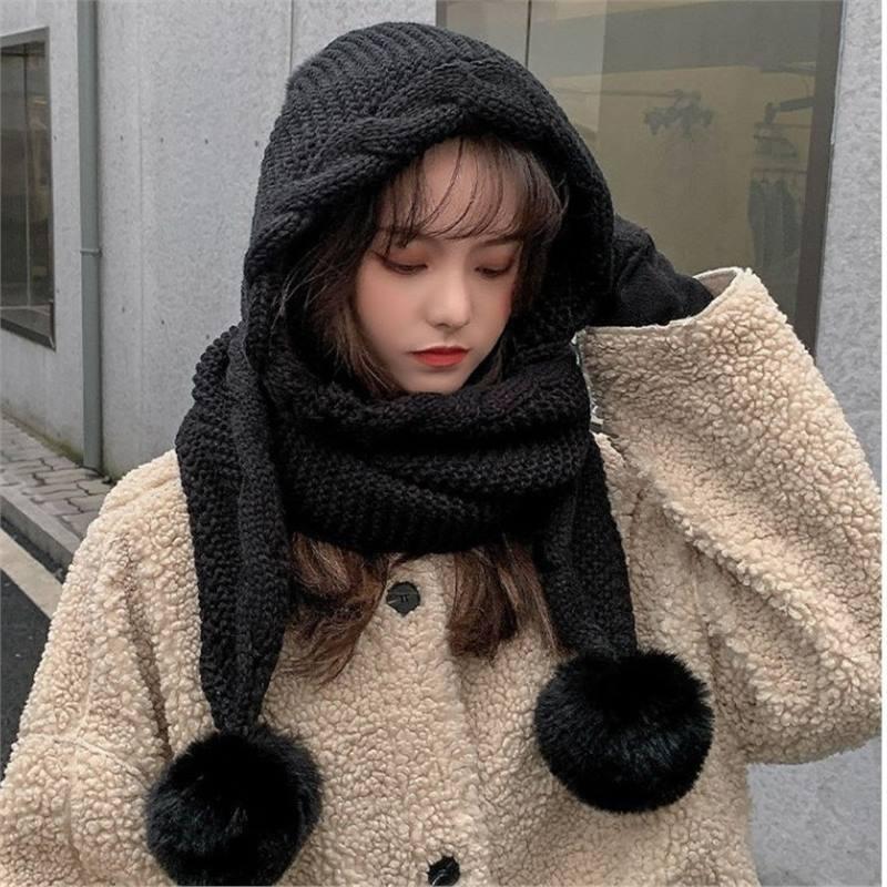 Wool hat women's autumn and winter versatile scarf integrated hat cute hairball ear protector thickened warm knitted hat