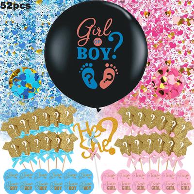 52-teiliges Set 36-Zoll-Ballon zur Enthüllung des Geschlechts, großer schwarzer Ball, Kleidungseinsatz, Geschlechtsaufkleber, Junge oder Mädchen 