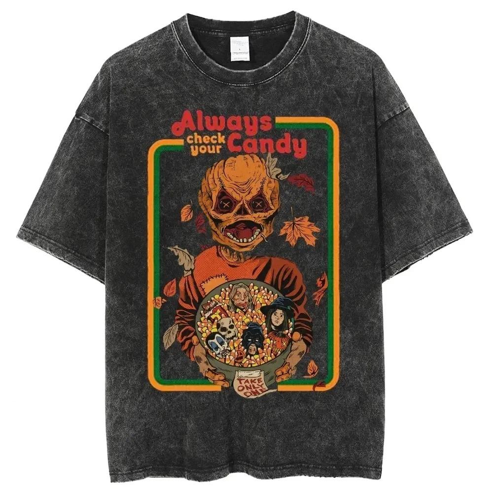 Halloween Wypożyczalnia Wideo Bawełniana Koszulka Dżinsowe Szorty Koszula Oversize Streetwear Harajuku Lato Koszulka z Krótkim Rękawem Luźne Bawełniane Topy