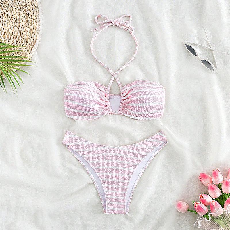 

Европейское и американское полосатое бикини-трикини 2025 года - Сексуальный женский летний купальник S розовый