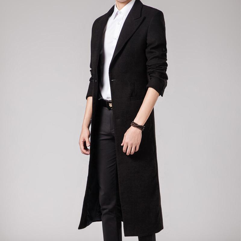 Men's Korean Version Slim-fitting Long Woolen Trench Coat Fashionable Solid Color Suit Collar Casual Jacket