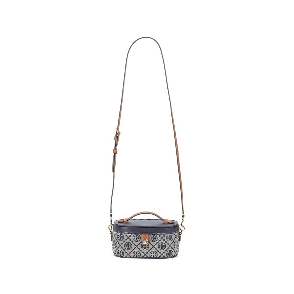 Tory Burch T Monogram Canvas Adjustable Detachable Shoulder Strap Button Closure Fabric Tote Bag Women Handbags Navy-Blue 165010-405