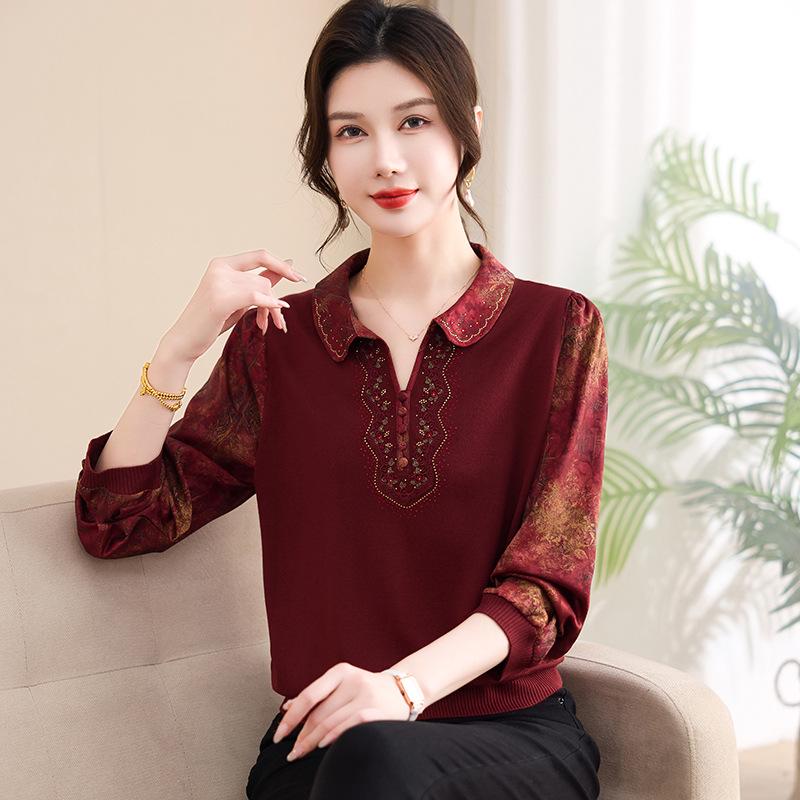 

Spring Knit Lapel Long-sleeve Shirt for Middle-aged and Elderly Women 5XL (for 150-165 lbs)