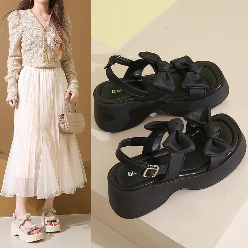 Fashion Roman Sandals 2025 Summer Bow Shoes Clear Heels Buckle Strap Open Toe Gladiator New Clogs Peep Beach Girls Comfort Scandals Butt