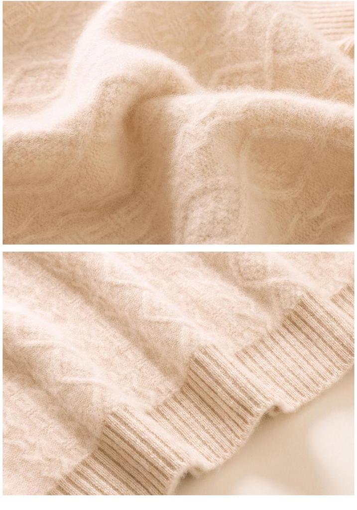 Retro Cable Knit Women's Cashmere High-Neck Pullover Sweater with Slimming Twist Pattern