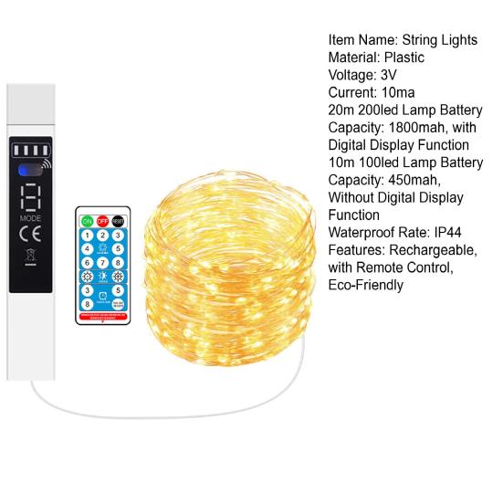Rechargeable Fairy Lights 10/20m 200 LED String Lights with Remote Control Timer 8 Modes Warm White USB Fairy Lights for Wedding Christmas Party Decor